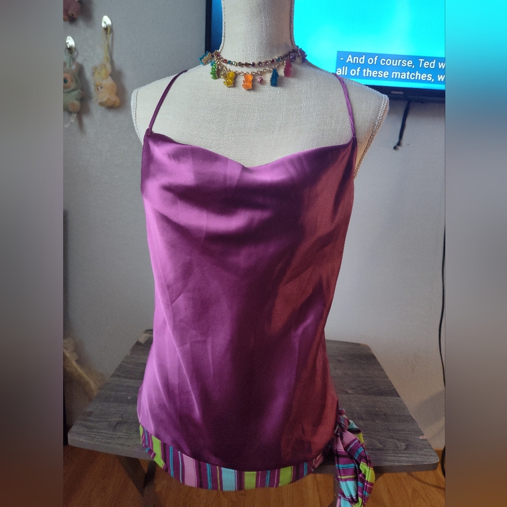 Bisou Bisou Purple Satin Camisole with Striped Hem - Picture 1 of 6